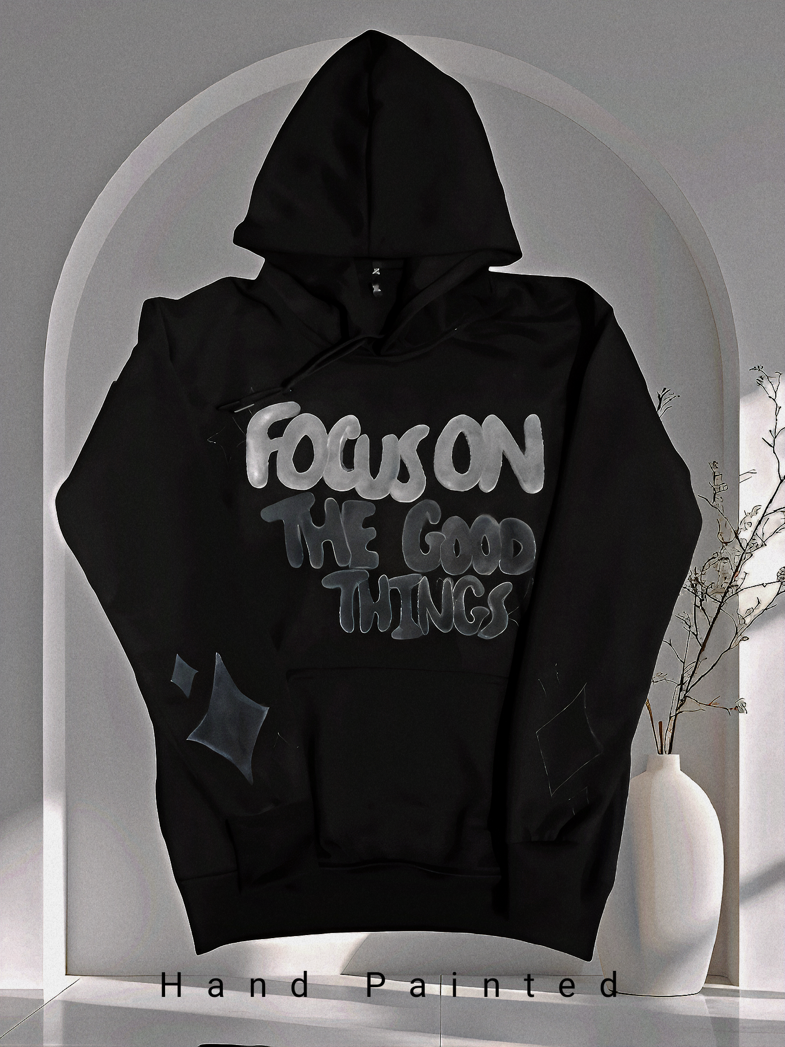 Focus On The Good Things – Hand Painted Premium Black Hoodie